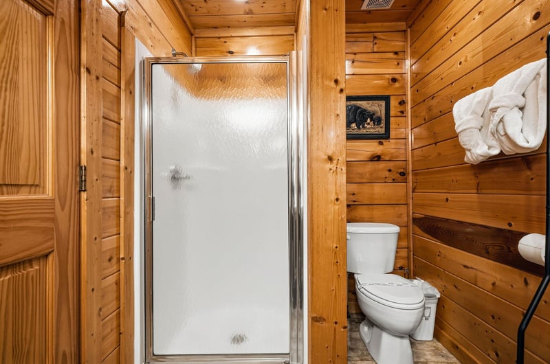 Cozy cabin bathroom with warm wood paneling, a walkin shower with frosted glass door, and fresh towels ready for your stay.