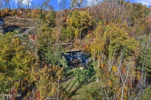 Charming mountain retreat nestled among vibrant autumn foliage, surrounded by towering aspens and colorful fall trees.