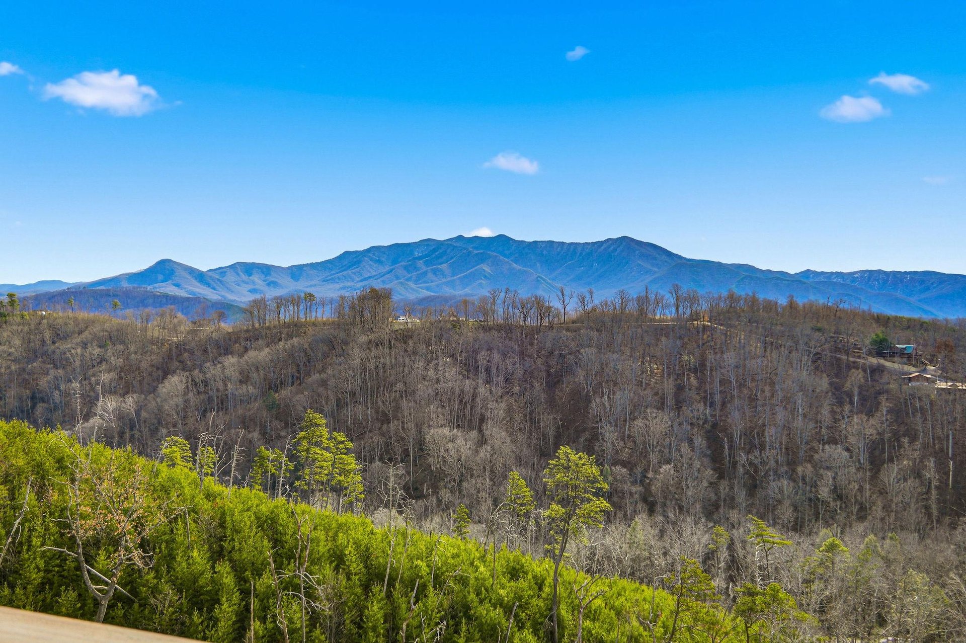 Stunning mountain panorama stretches across the horizon with rolling forested hills creating a peaceful backdrop for this scenic location.