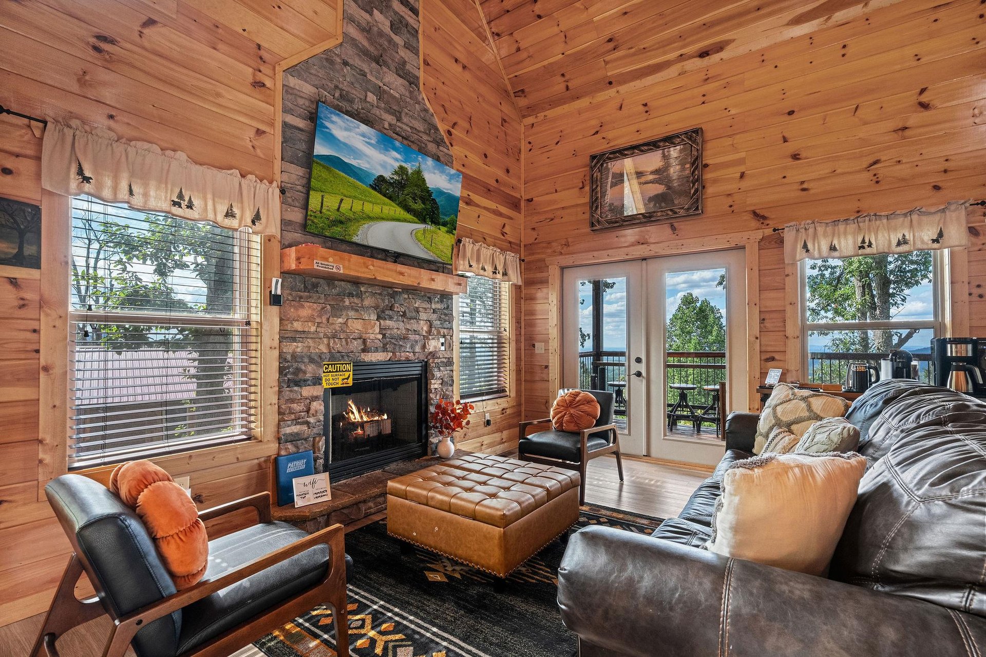 TV, fireplace, balcony access and sofa bed