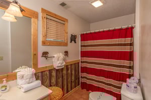 First bathroom at Bushwood Lodge, a 3bedroom cabin rental located in Gatlinburg