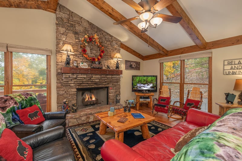 Living room stone fireplace