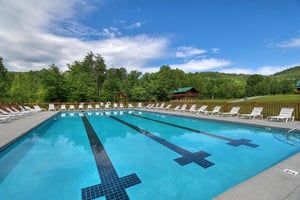 An expansive outdoor pool awaits, framed by lush forest and mountain ridges under an open sky—perfect for your summer afternoons.