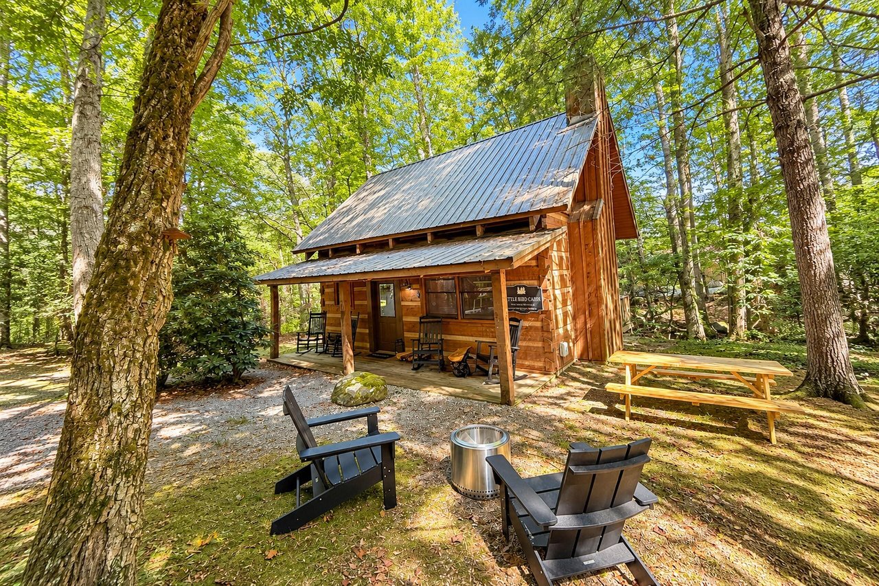 A charming log cabin nestled in a lush forest setting with a cozy fire pit, outdoor seating, and shaded picnic area waiting for your next adventure.