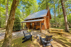 A charming log cabin nestled in a lush forest setting with a cozy fire pit, outdoor seating, and shaded picnic area waiting for your next adventure.