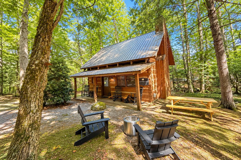 A charming log cabin nestled in a lush forest setting with a cozy fire pit, outdoor seating, and shaded picnic area waiting for your next adventure.