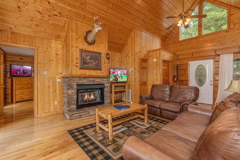 Living room with stone fireplace