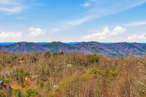 Rolling mountains create a stunning backdrop across forested hills and scattered homes in this peaceful rural setting.