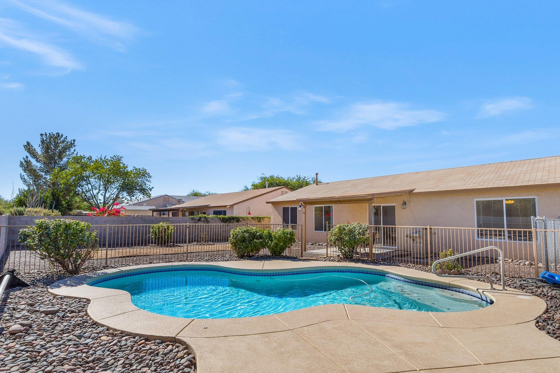 3ft to 5ft depth pool. Sit in the lounge chairs with a cold drink and catch some rays