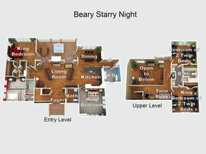 A detailed floor plan showing the propertys layout across two levels, including multiple bedrooms with various bed configurations, bathrooms, living room, full kitchen, dining area, and a relaxing ho