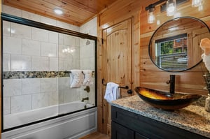 Single vanity bowl sink with tub and shower