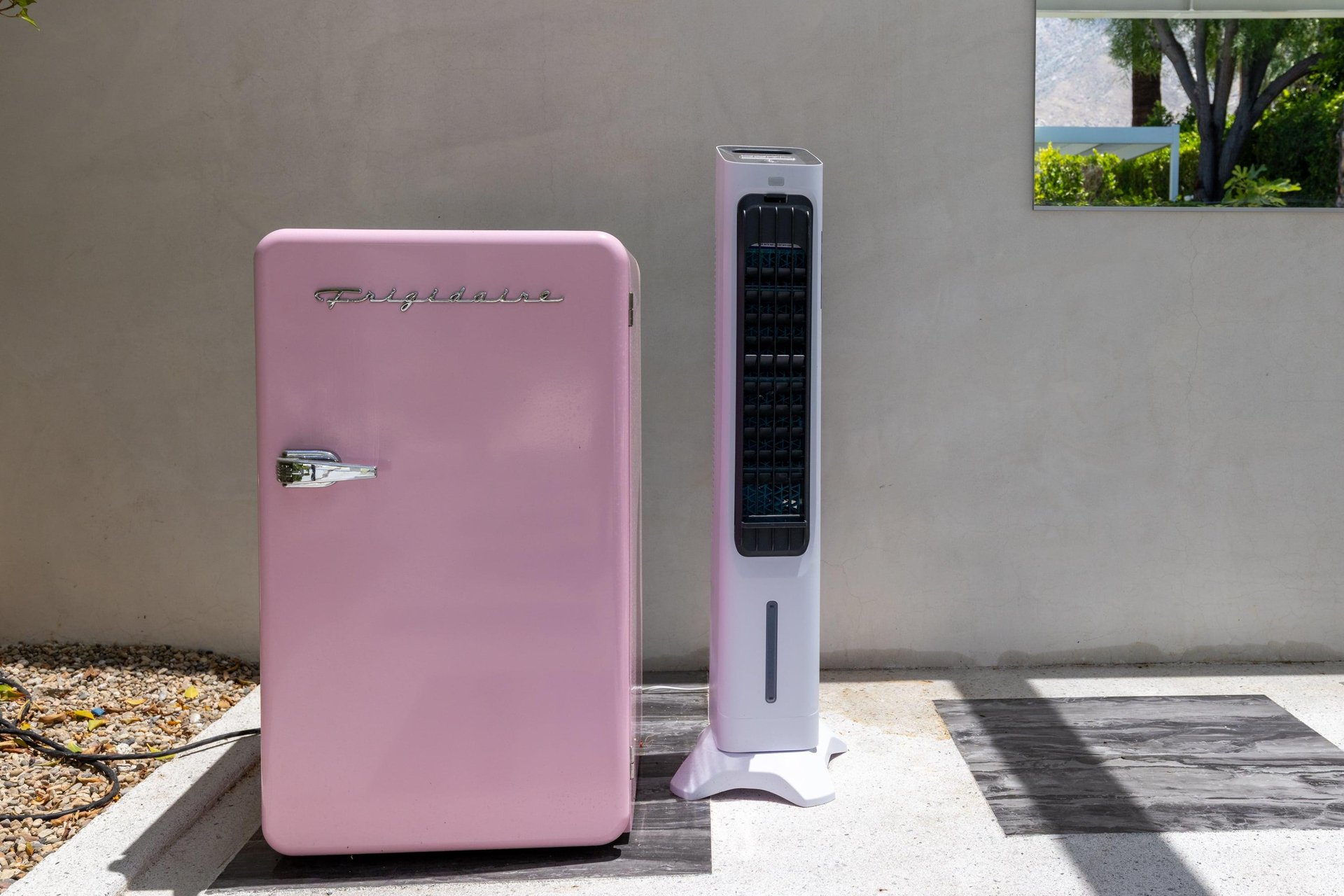 Outdoor fridge and fan.