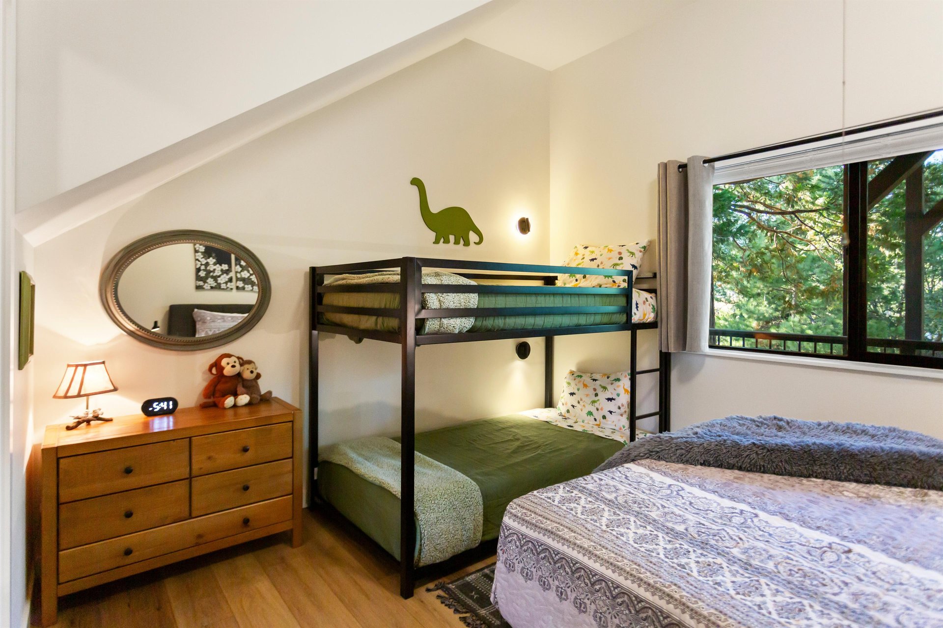 3 beds perfect for a close group. Guest enjoy individual lights for each bunk. A packnplay is also available.
