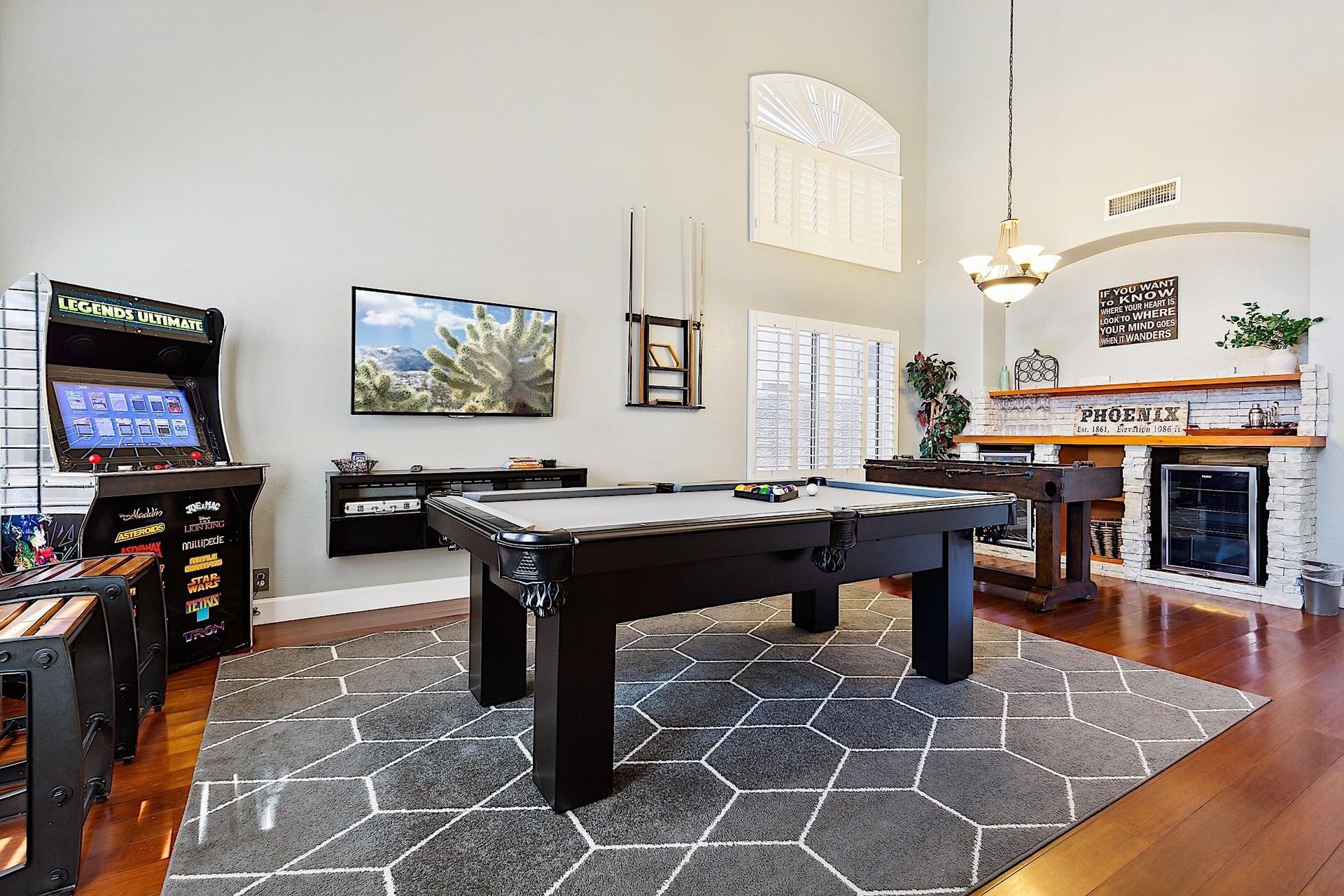 Billiard table, Foosball Table, Mounted TV, Arcade Game  Bar
