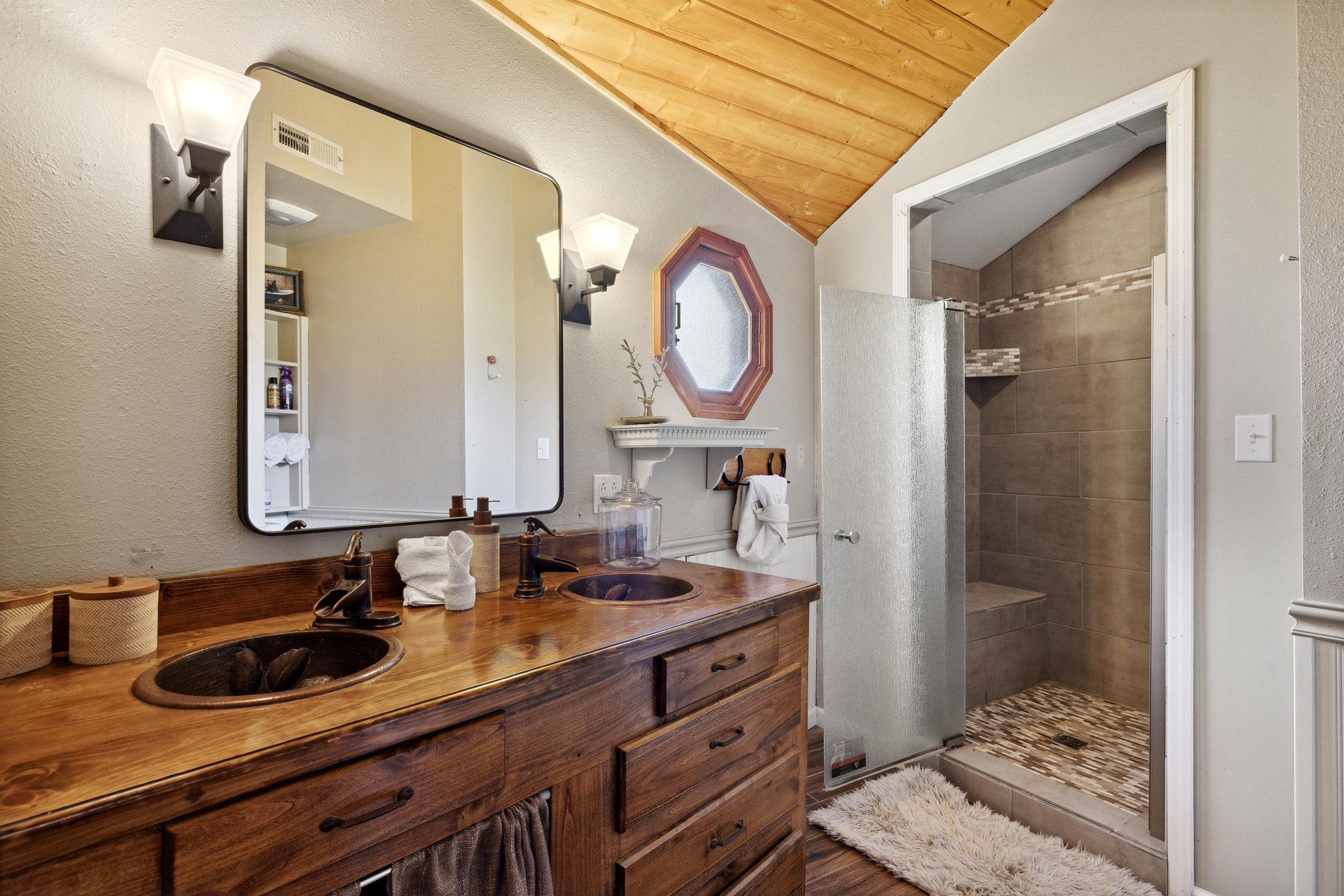 walk in shower with double vanity sink