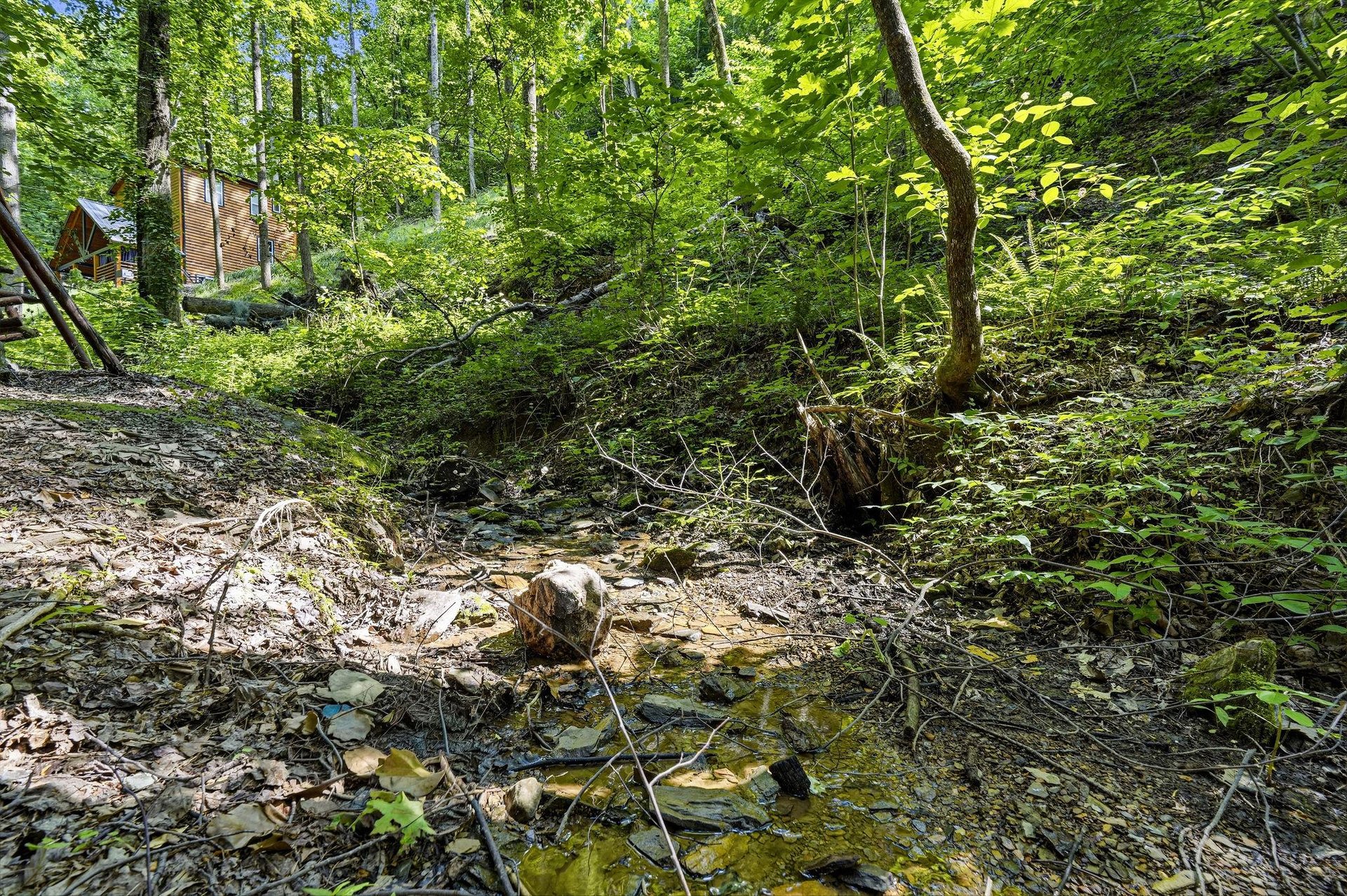 A private forest setting with a gentle stream winding through natural rock formations, offering peaceful woodland surroundings near the property.