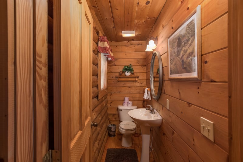 Half bath at Hanky Panky, a 1bedroom cabin rental located in Pigeon Forge