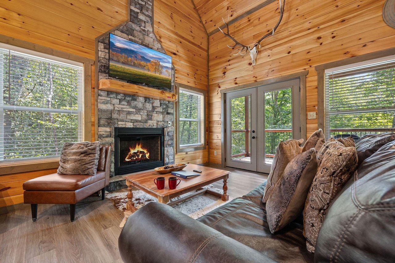 fireplace, TV and natural lighting with balcony access