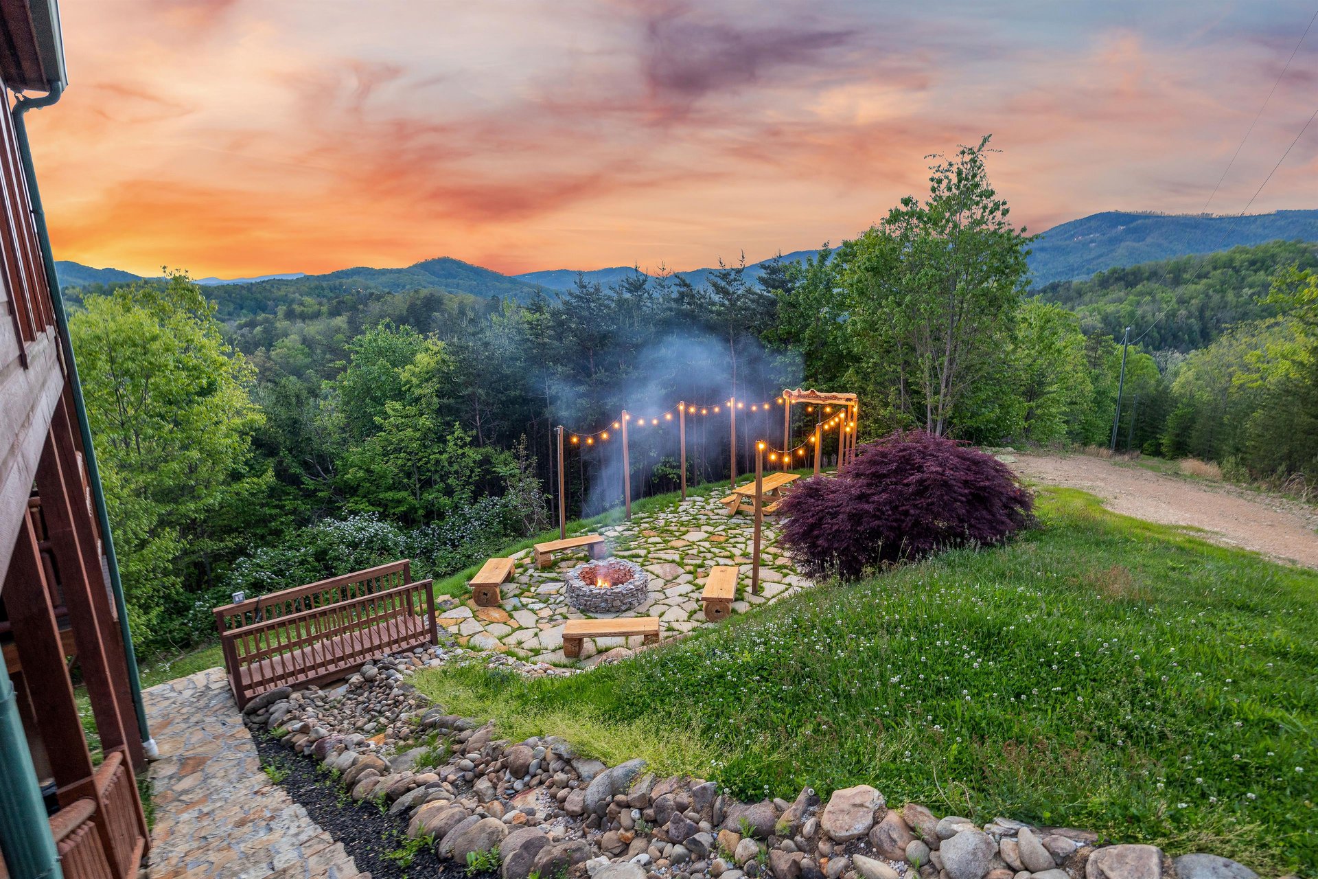 Bridge leading to firepit hangout area