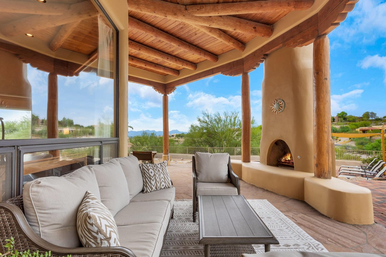Covered patio with fireplace