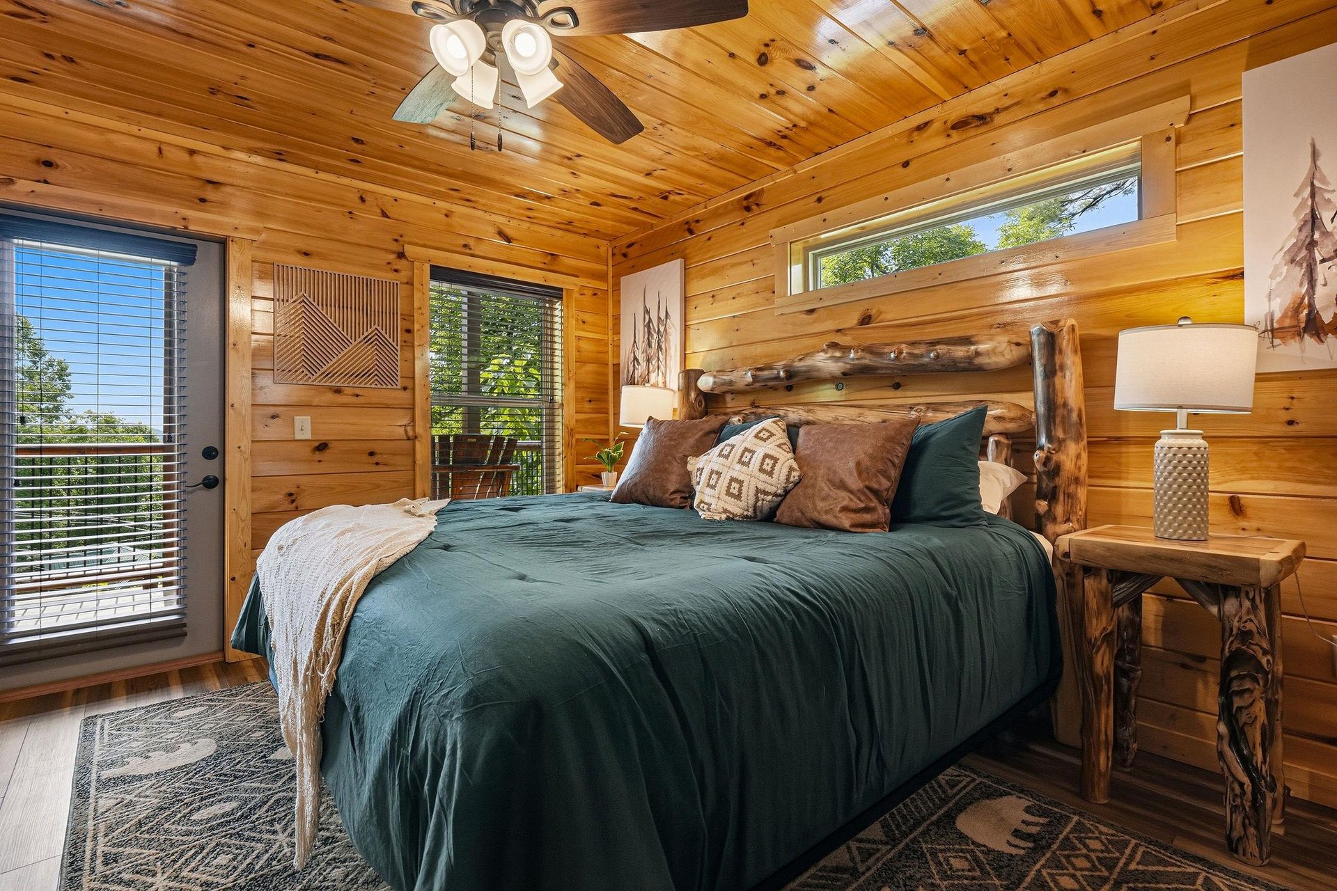 Wake up surrounded by warm pine walls, sunlight streaming through multiple windows. Your private balcony awaits just steps from bed, offering peaceful forest views and fresh mountain air.