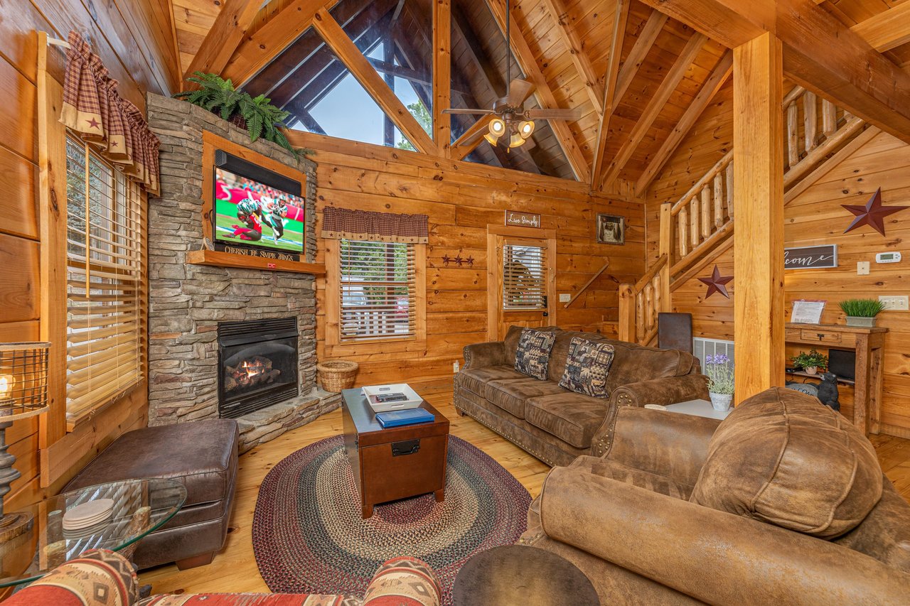 Vaulted living room at Livin Simple, a 2 bedroom cabin rental located in Pigeon Forge
