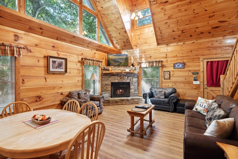 Living room with stone fireplace