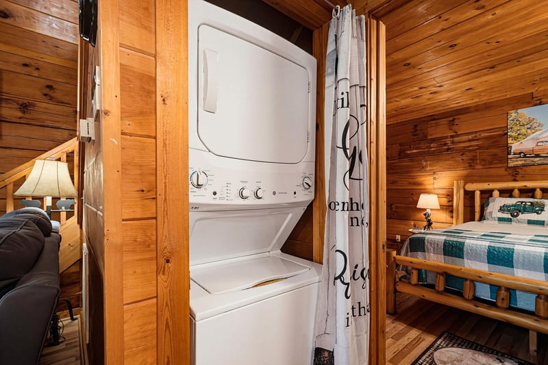 Your laundry stays simple with this inunit stacked washer and dryer tucked neatly into the closet—perfect for longer stays and keeping fresh without leaving the cabin.