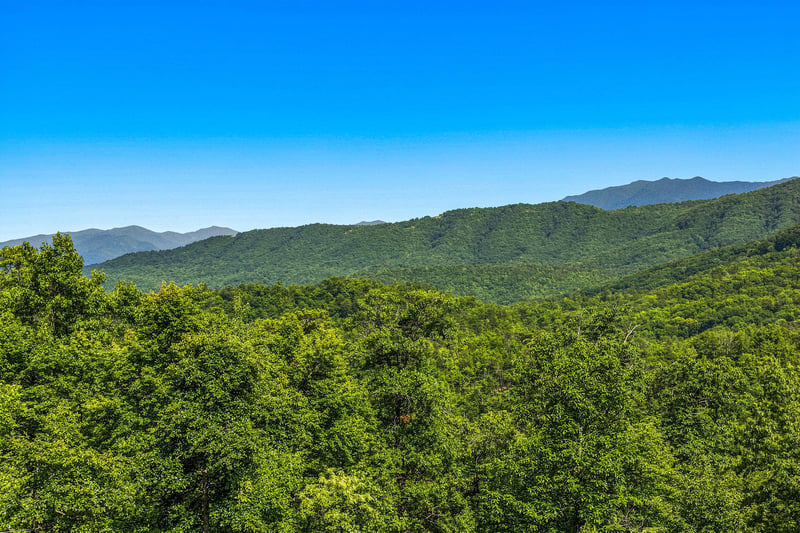 Lush forested mountains surround the property, offering a scenic natural backdrop under clear blue skies.
