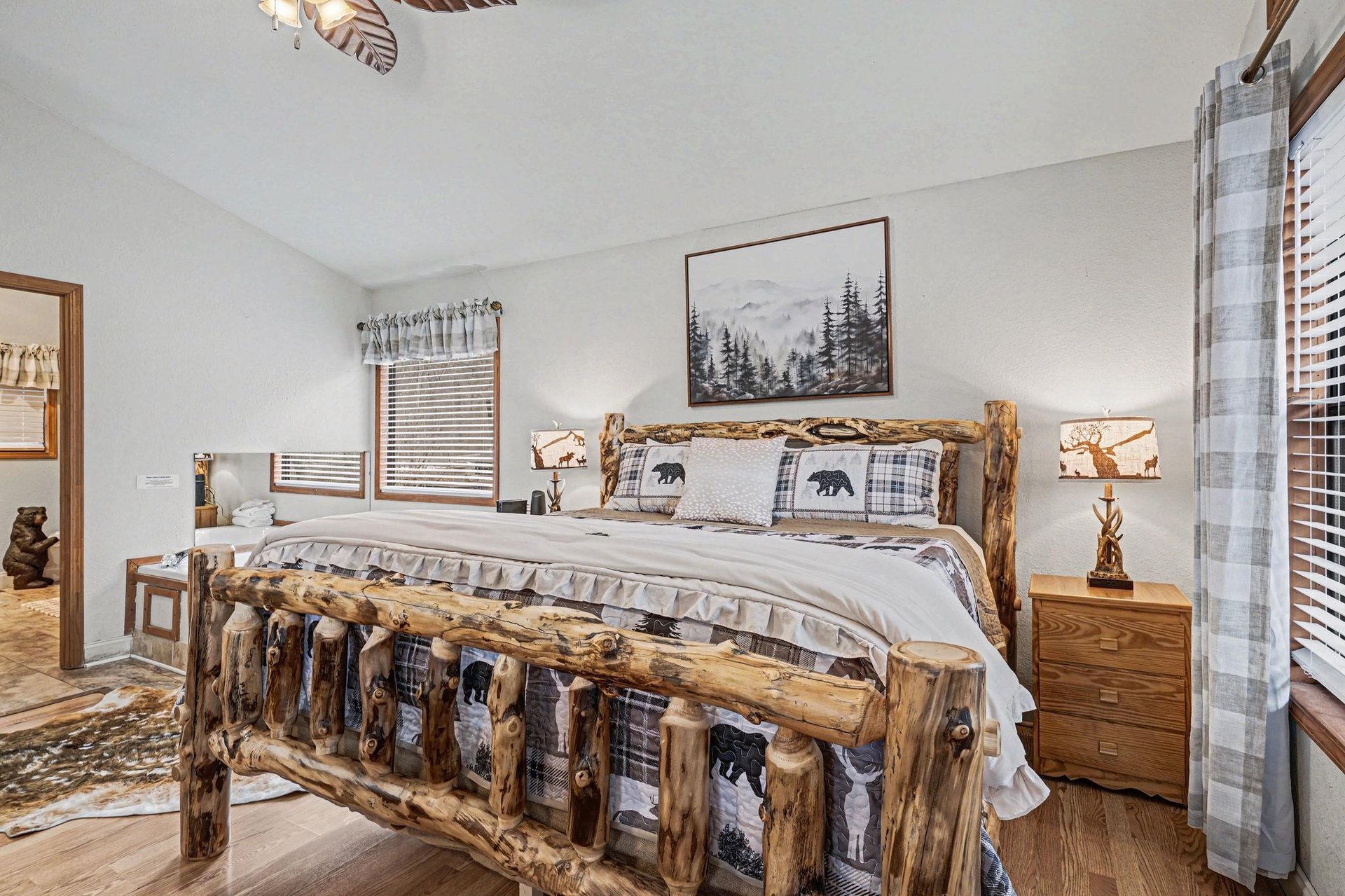 Drift off in your cozy rustic bedroom, surrounded by handcrafted log furniture and mountaininspired décor that makes every night feel like a woodland retreat.