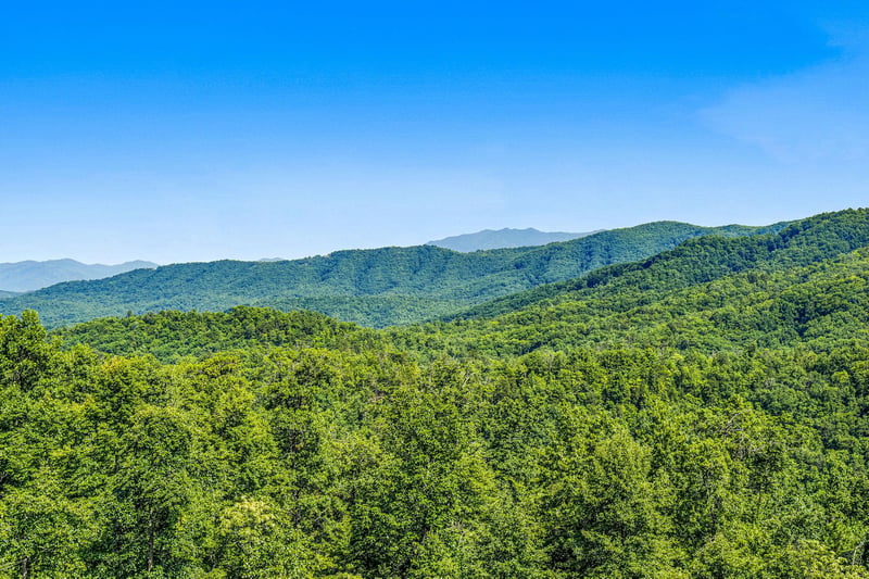 Sweeping panorama of forested mountains and ridges stretching toward the horizon under a brilliant blue sky, capturing the natural beauty surrounding the property.