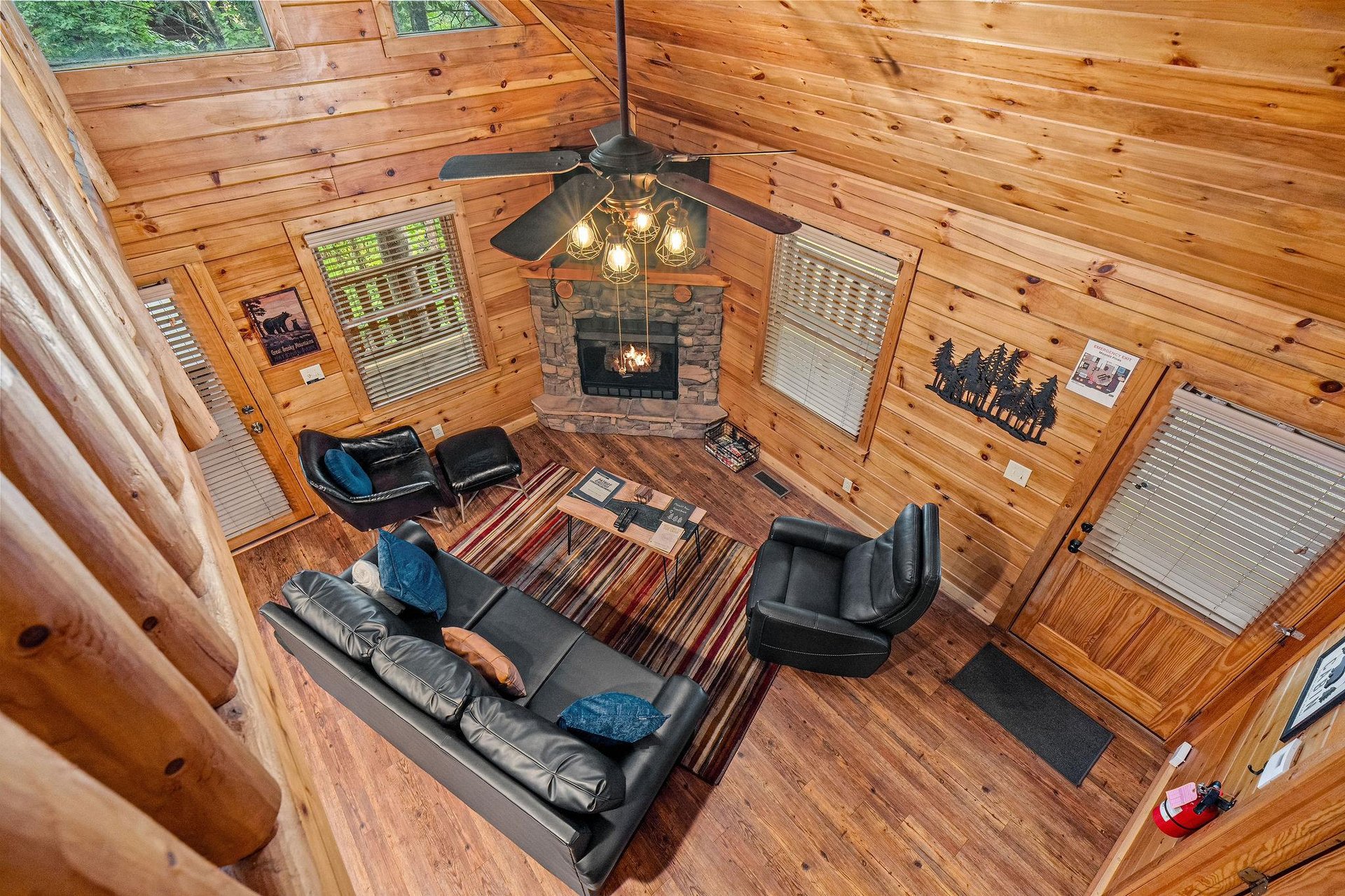 aerial view of entry level living room from upper level