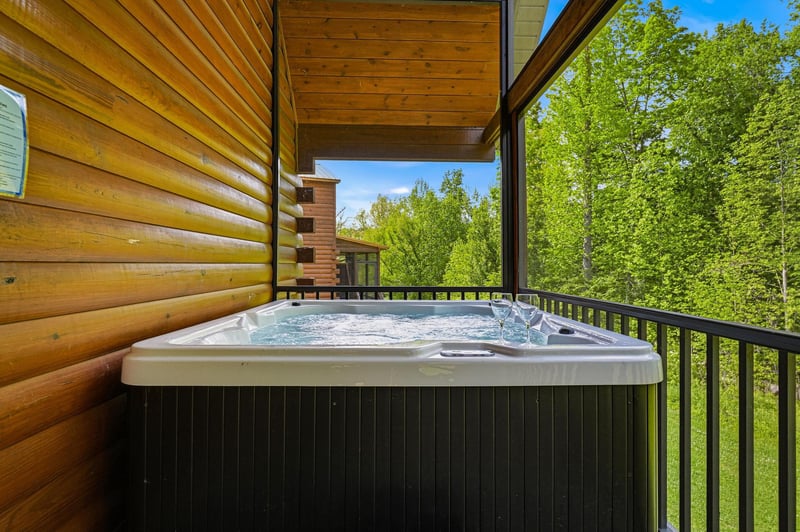 Slip into your private hot tub and let warm bubbles melt away stress as you breathe in fresh forest air and soak in lush treetop views from your covered balcony.