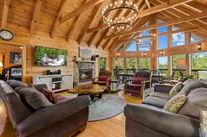 Living room with stone fireplace