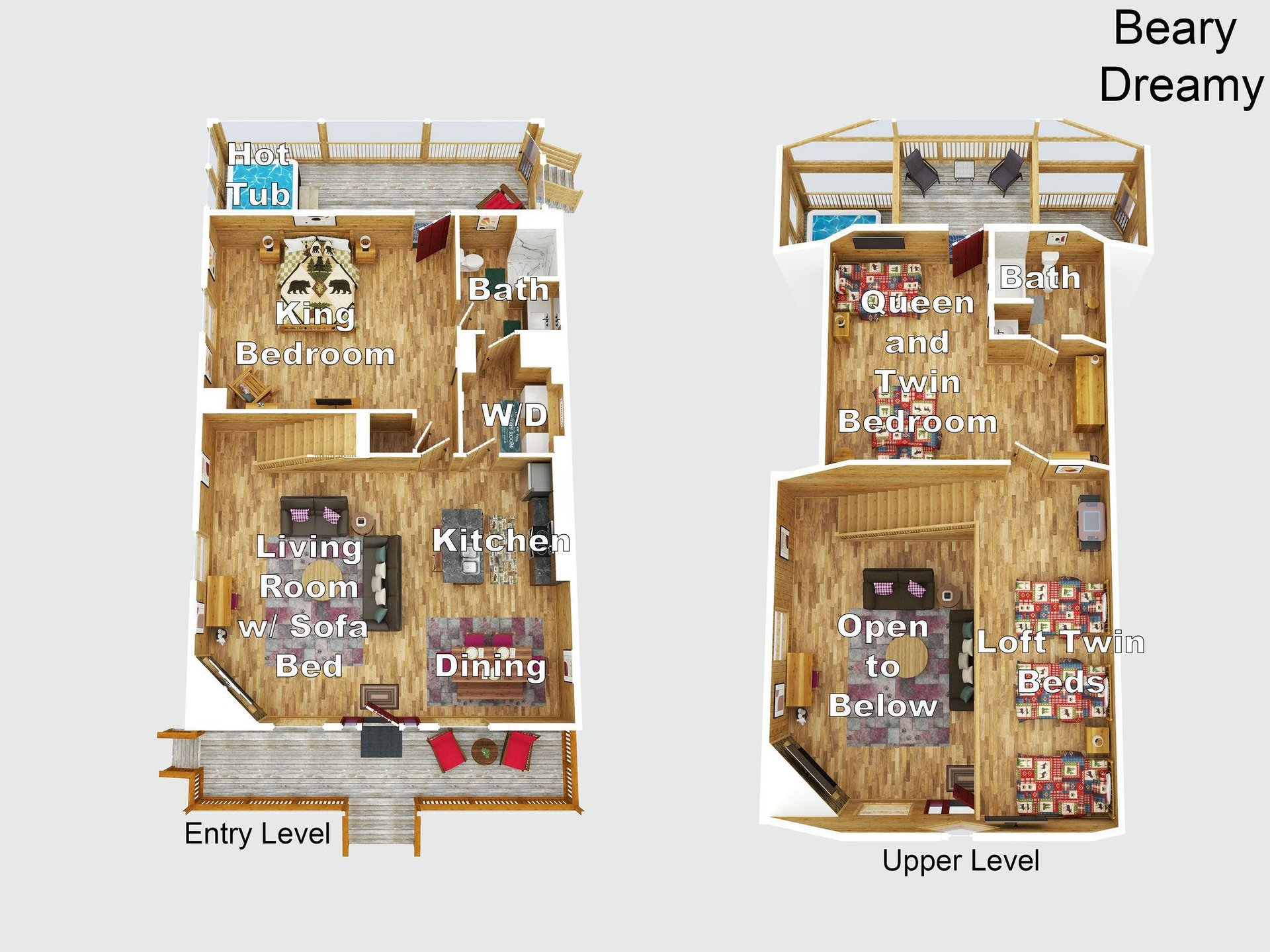 Detailed floor plans showcase the spacious twolevel layout with multiple bedrooms, full kitchen, and hot tub for your mountain getaway.