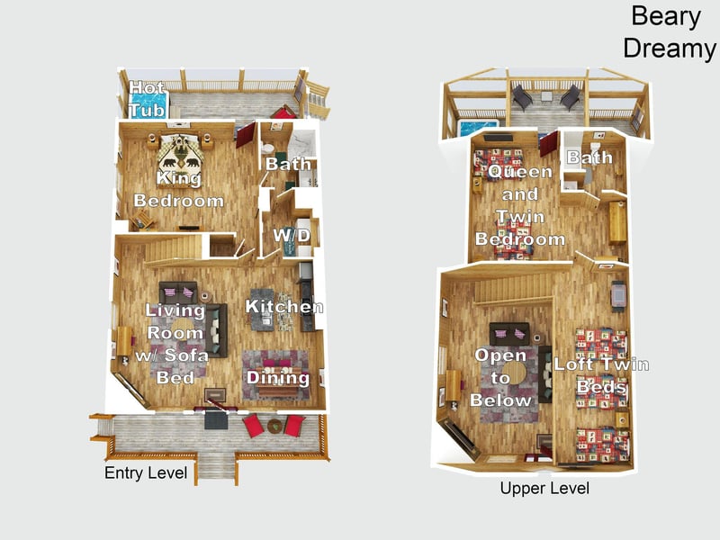 Detailed floor plans showcase the spacious twolevel layout with multiple bedrooms, full kitchen, and hot tub for your mountain getaway.