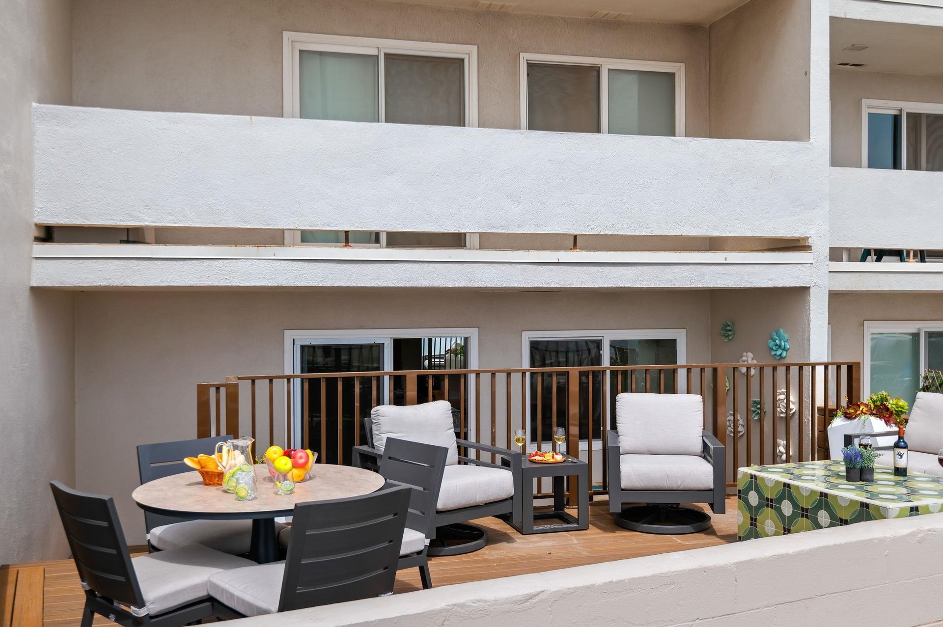 Frontal view of the deck and beach entrance to property.