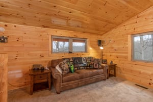 Queen sleeper sofa in the living room at Happy Bears Hideaway, a 2 bedroom cabin rental located in Gatlinburg