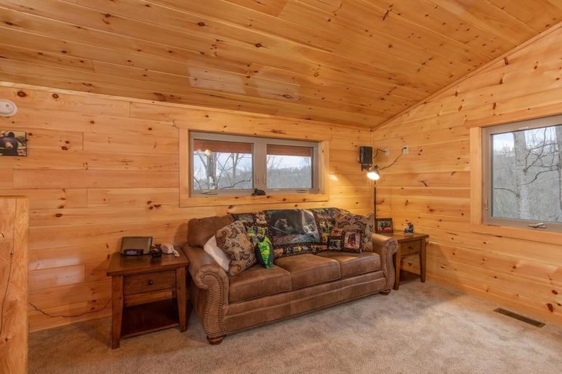 Queen sleeper sofa in the living room at Happy Bears Hideaway, a 2 bedroom cabin rental located in Gatlinburg