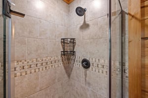 Walk in shower with tile wall