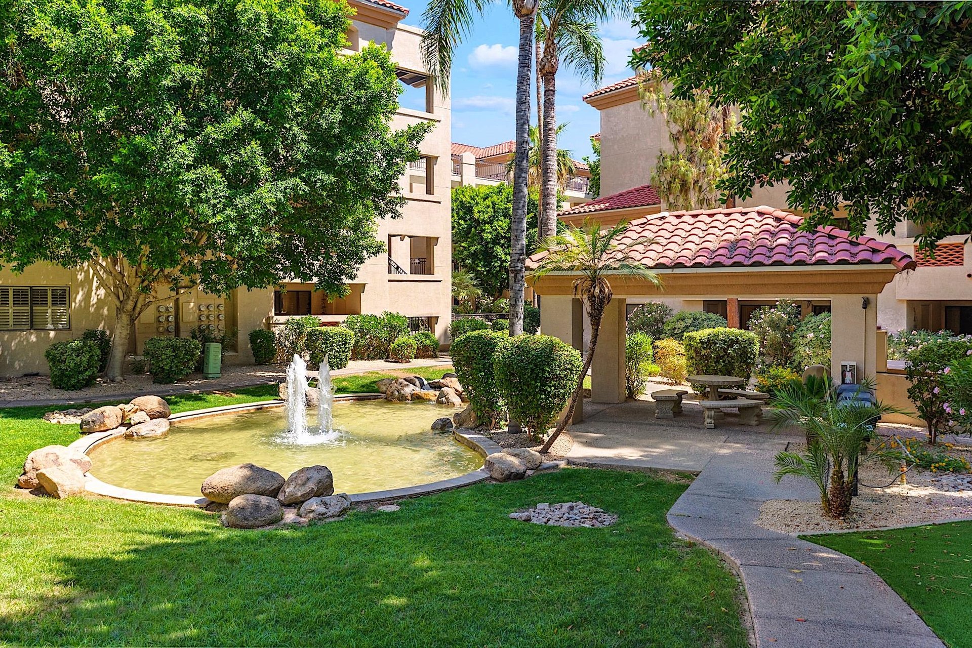 Fountains on the grounds below the condo
