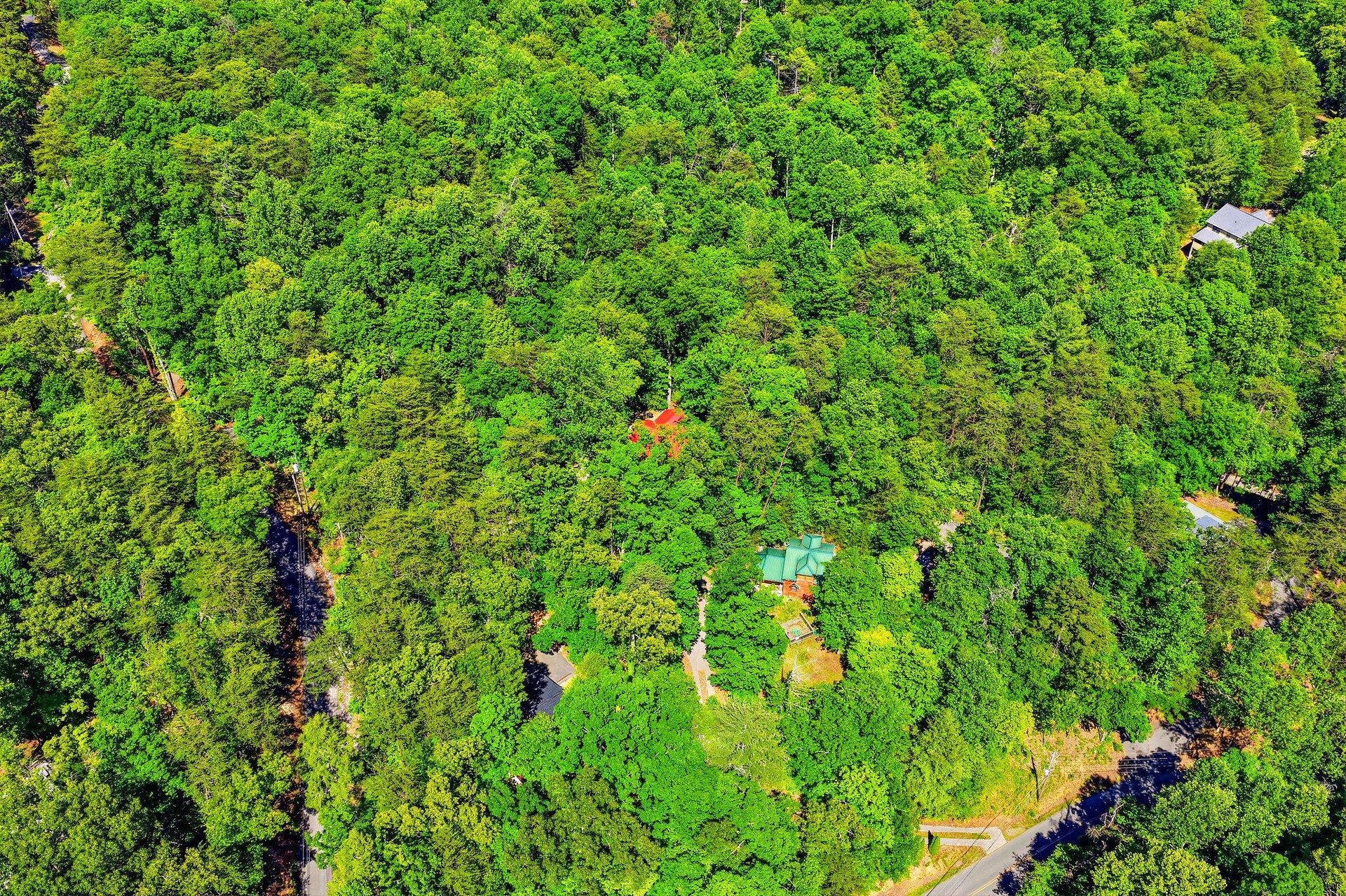An aerial view showcasing the vacation rental property nestled within lush, vibrant forest, offering guests a secluded and natureimmersed retreat with winding paths and colorful rooftops peeking thro