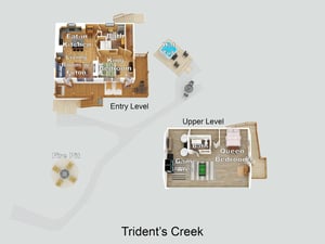 Twolevel vacation home layout featuring king and queen bedrooms, living space with futon, game area, hot tub, fire pit, and full amenities at Tridents Creek.