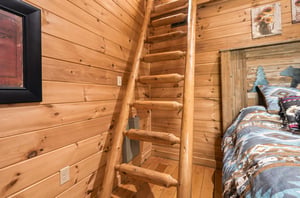 Your cozy cabin bedroom features a rustic log ladder leading to an upper sleeping area, surrounded by warm wood walls and charming wildlife artwork that brings the mountains indoors.