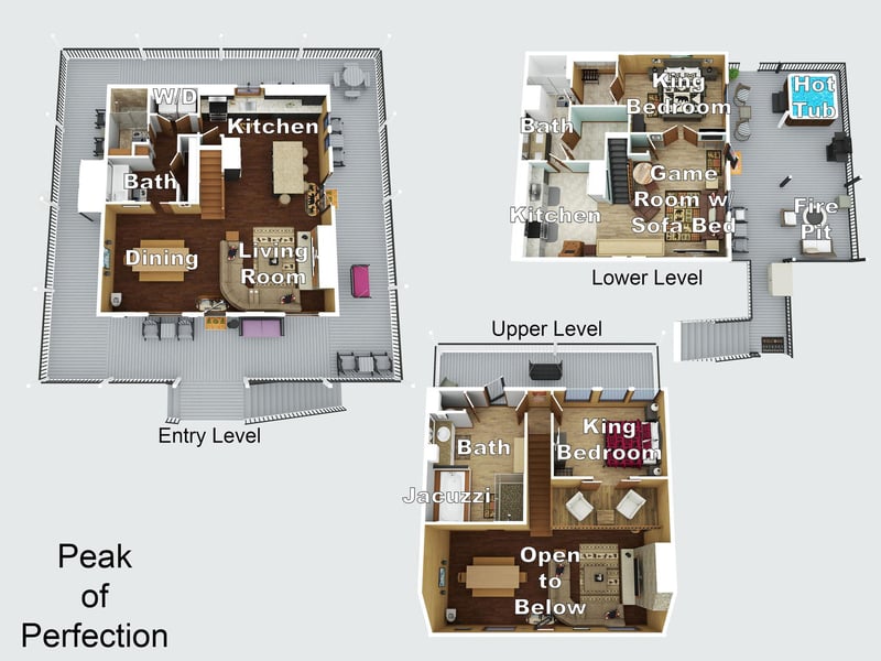 A spacious threelevel floor plan showcasing your fully equipped kitchen, cozy living spaces, three bedrooms, game room, hot tub, and outdoor fire pit.