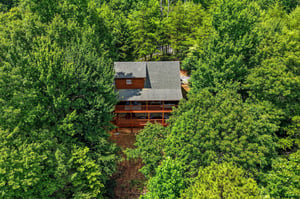 Aerial view of a secluded cabin with wraparound decks nestled among lush green forest, offering a private retreat in natures embrace.