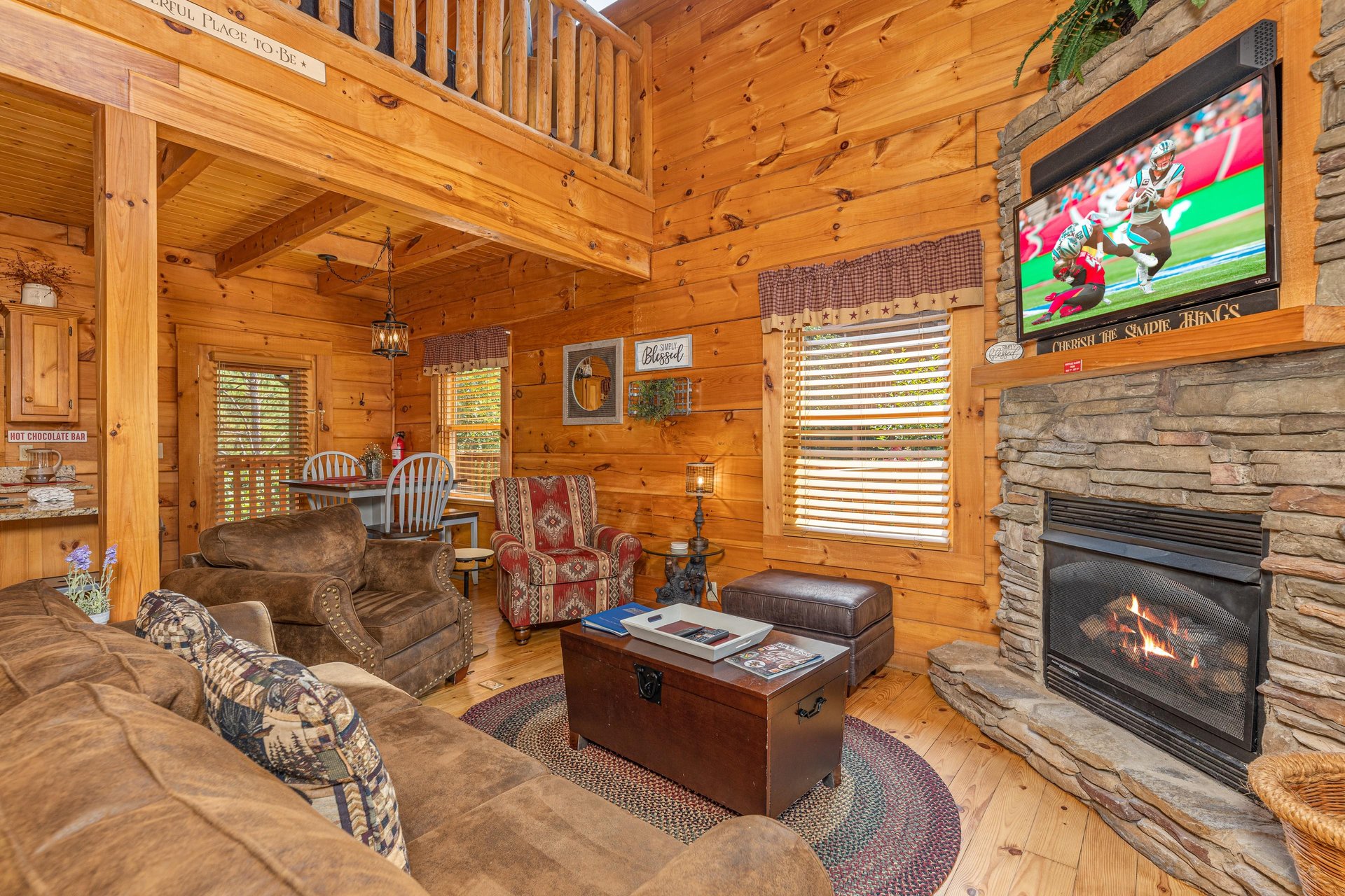 Living room fireplace at Livin Simple, a 2 bedroom cabin rental located in Pigeon Forge