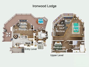 Ironwood Lodge floor plan showing your spacious twolevel retreat with hot tub, game area, and cozy bedrooms.