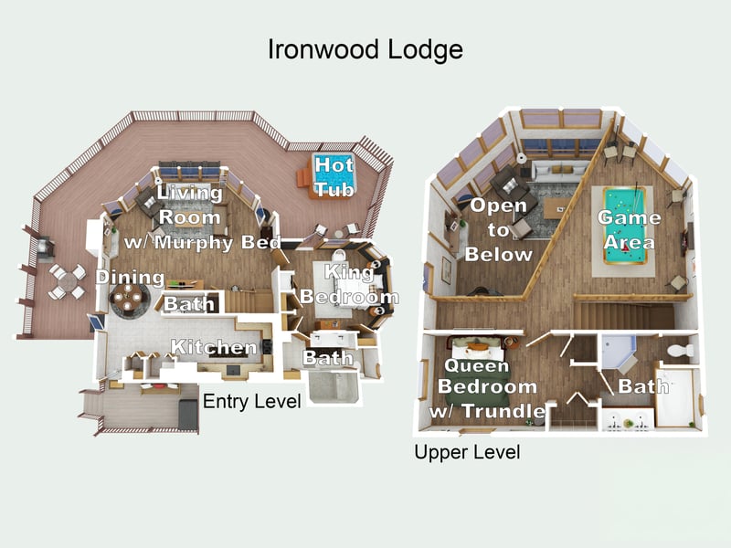 Ironwood Lodge floor plan showing your spacious twolevel retreat with hot tub, game area, and cozy bedrooms.