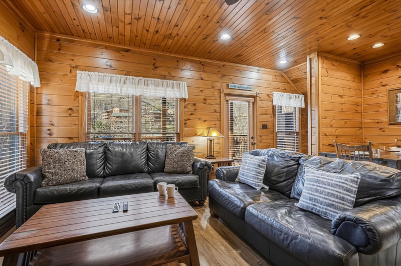 Sink into plush leather sofas beneath warm woodpaneled ceilings, where natural light streams through large windows and your peaceful cabin retreat begins.